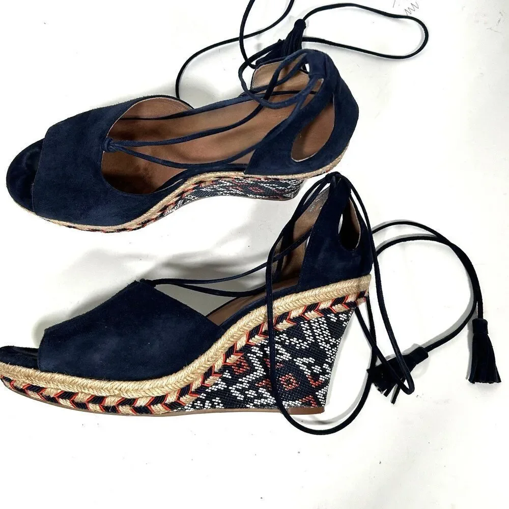 Cabi Isla Blue Suede Ankle Wrap Wedge Sandals Espadrille Size 9.5 Open Toe